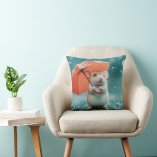Mouse with Umbrella in Rain: Cute Rainy Day Scene Cushion