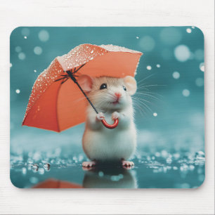 Mouse with Umbrella in Rain: Cute Rainy Day Scene Pad
