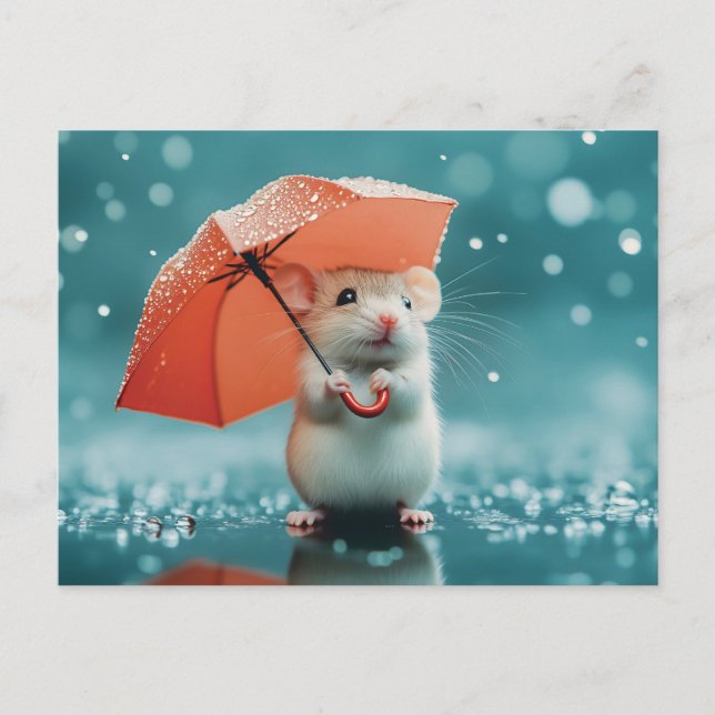 Mouse with Umbrella in Rain: Cute Rainy Day Scene Postcard (Front)