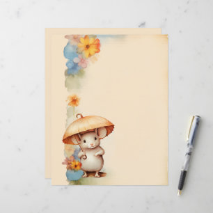 Mouse with umbrella orange blue pink brown paper