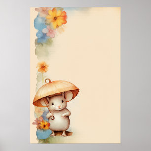 Mouse with umbrella orange blue pink brown paper poster
