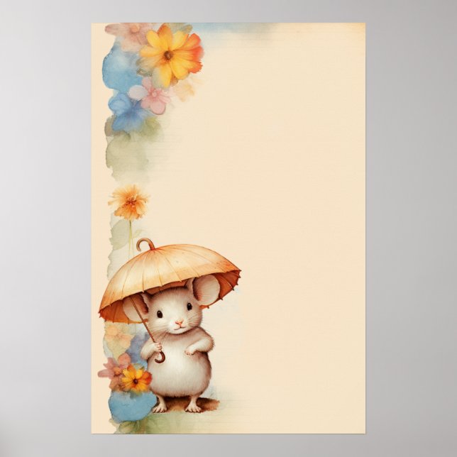 Mouse with umbrella orange blue pink brown paper poster (Front)