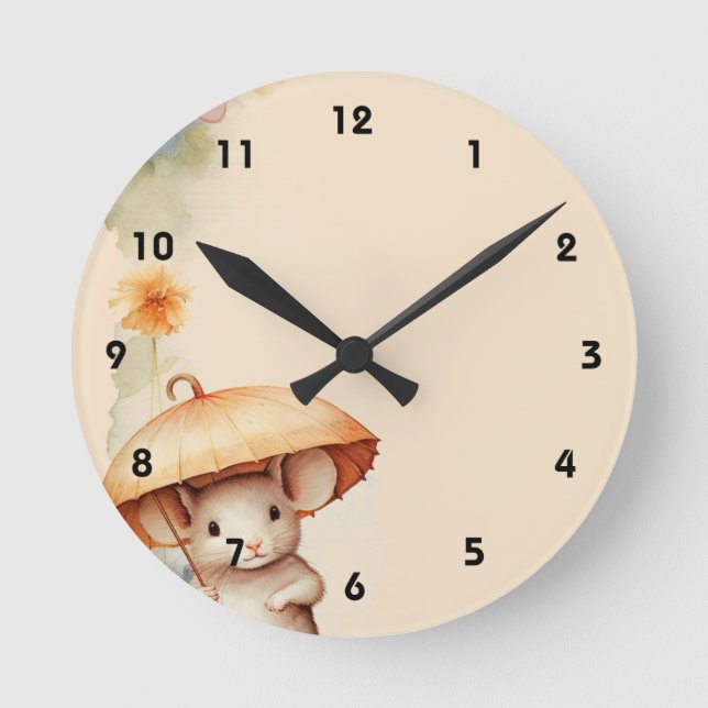 Mouse with umbrella orange blue pink brown paper round clock (Front)