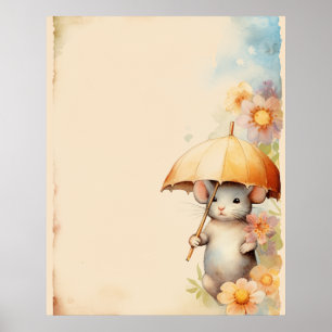 Mouse with yellow umbrella watercolor background poster