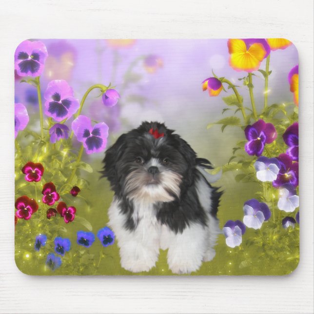 Mousepad Dog Shih Tzu On Coloured Flowers (Front)