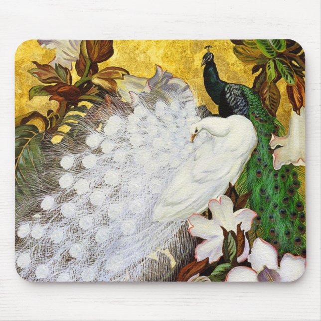 Mousepad: White and Blue Peacocks Mouse Pad (Front)