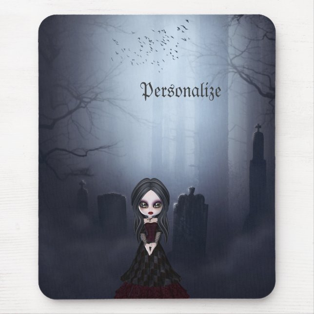 Mousepad with Creepy Goth Girl in Graveyard (Front)