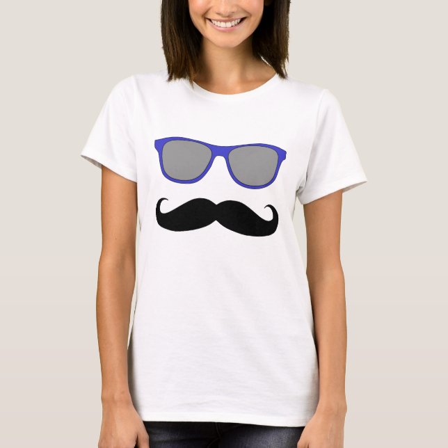 Moustache and Blue Sunglasses Humour T-Shirt (Front)