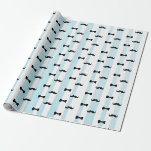 Moustache and Bow Tie Blue and White Striped Gift Wrapping Paper
