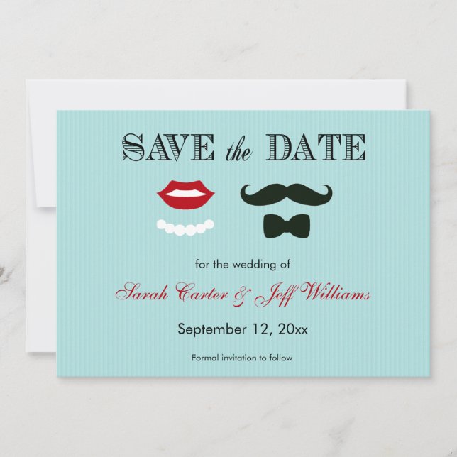 Moustache and Lips Aqua Stripe Save the Date Cards (Front)