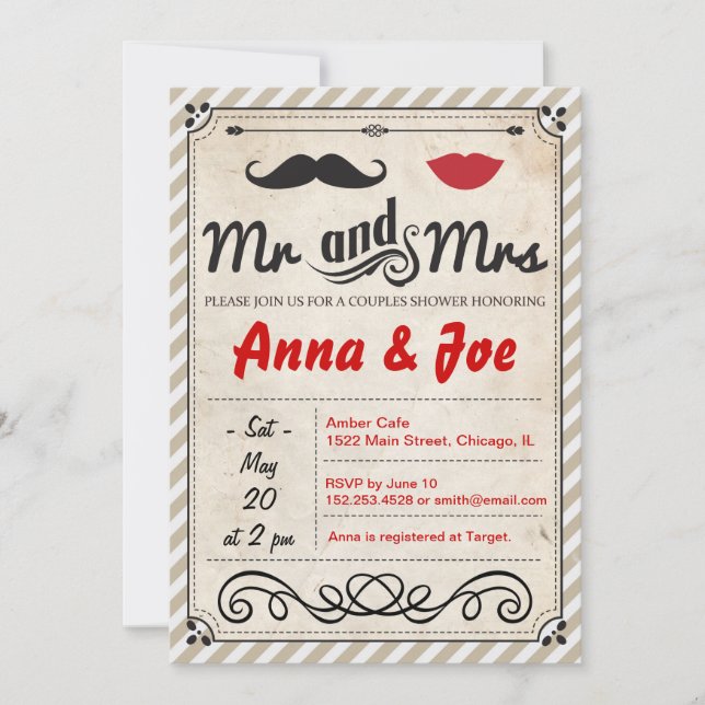 Moustache and Lips Couples Shower Invitation (Front)