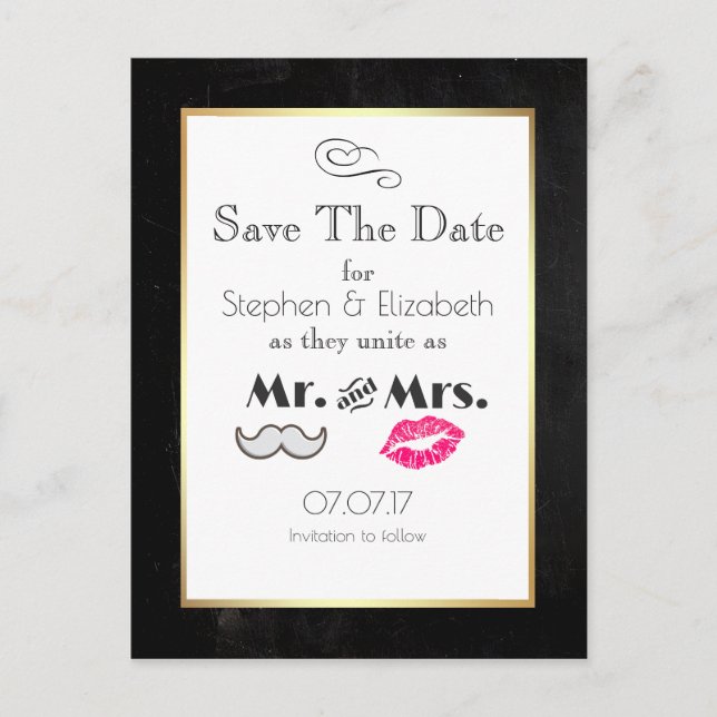 Moustache and Lips Mr. and Mrs. Save the Date Announcement Postcard (Front)
