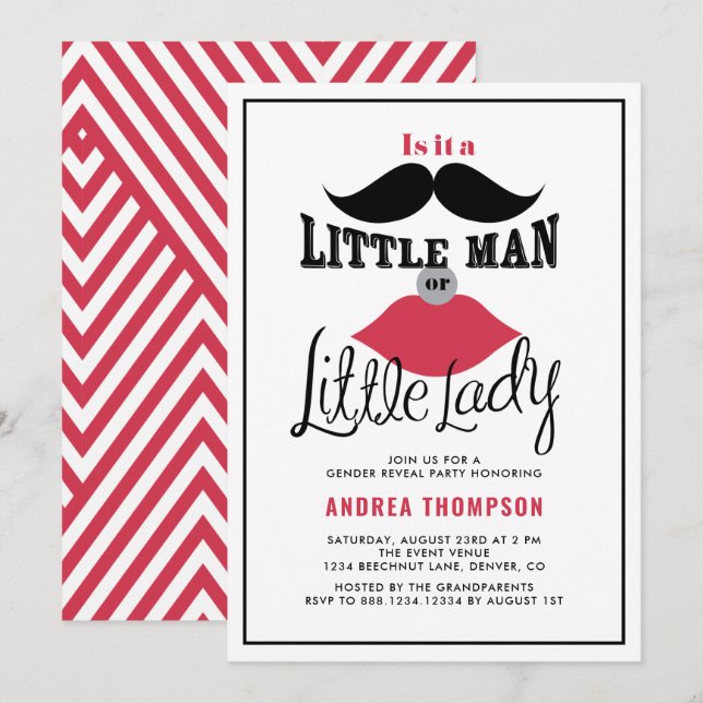Moustache and Lips Retro Gender Reveal Baby Shower Invitation (Front/Back)