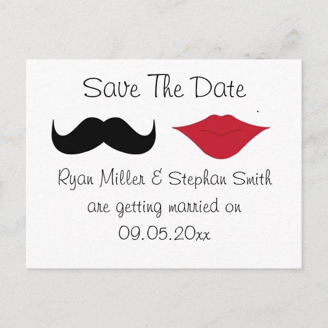 Moustache and lips save the date postcard (Front)