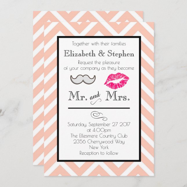 Moustache and Lips Wedding Invite on Peach Chevron (Front/Back)