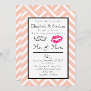 Moustache and Lips Wedding Invite on Peach Chevron