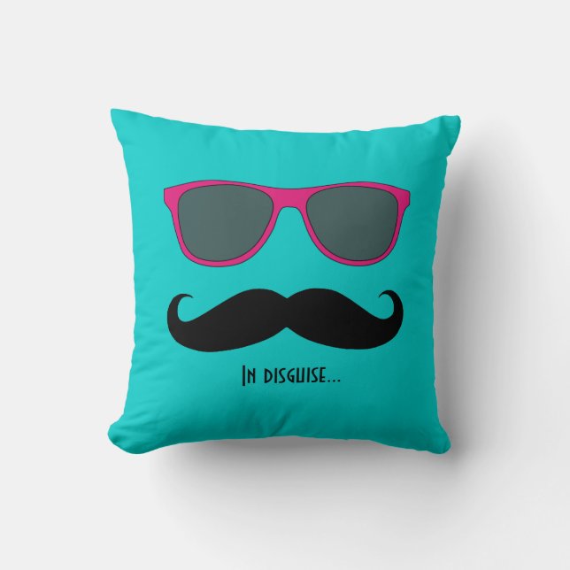 Moustache and Sunglasses Disguise Pink Teal Cushion (Front)