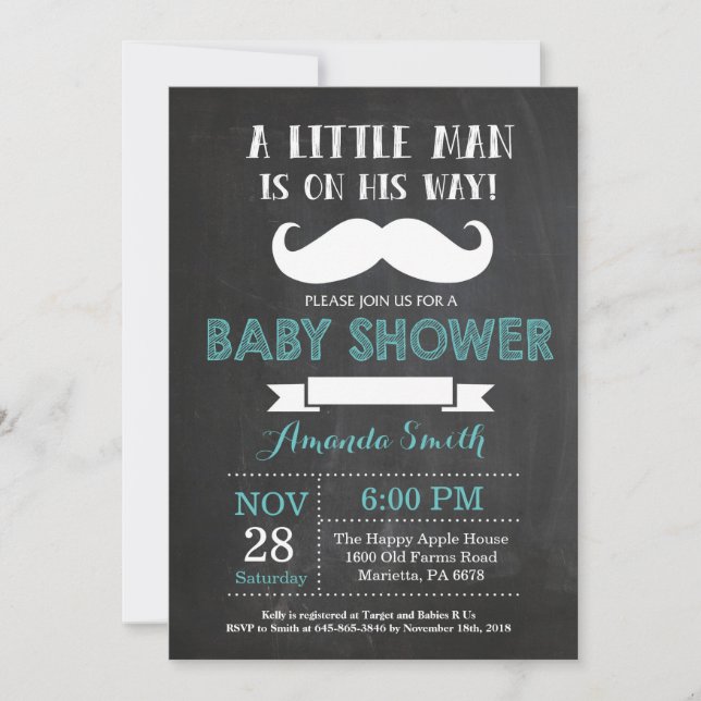 Moustache Baby Shower Invitation Aqua and Grey (Front)