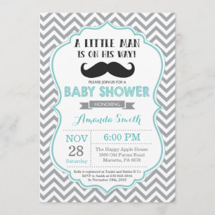 Moustache Baby Shower Invitation Aqua and Grey