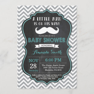 Moustache Baby Shower Invitation Aqua and Grey