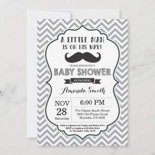 Moustache Baby Shower Invitation Black and Grey