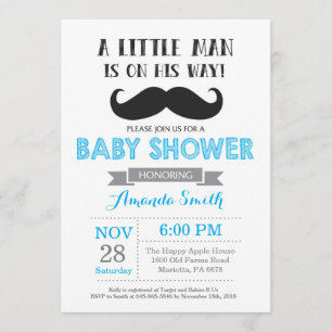 Moustache Baby Shower Invitation Blue and Grey