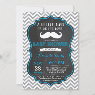 Moustache Baby Shower Invitation Blue and Grey