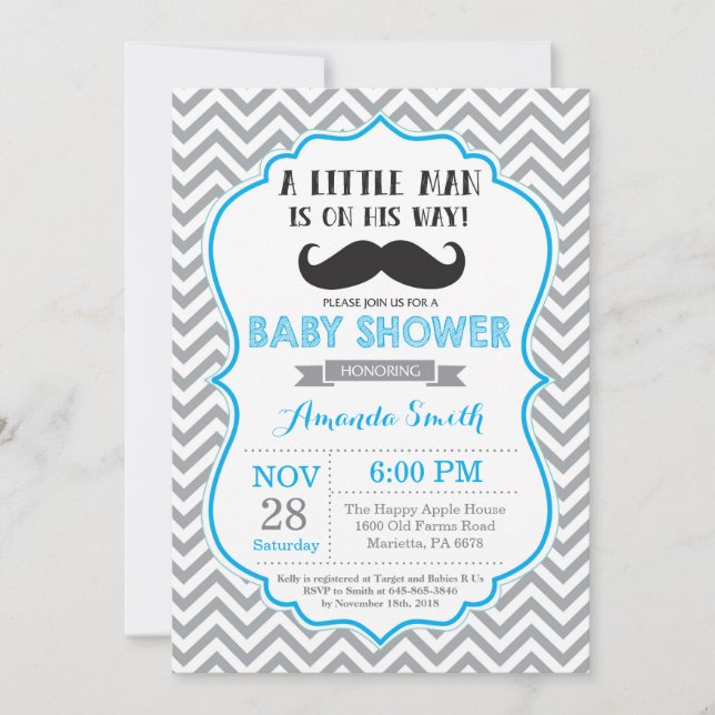 Moustache Baby Shower Invitation Blue and Grey (Front)