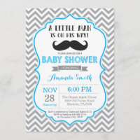 Moustache Baby Shower Invitation Blue and Grey