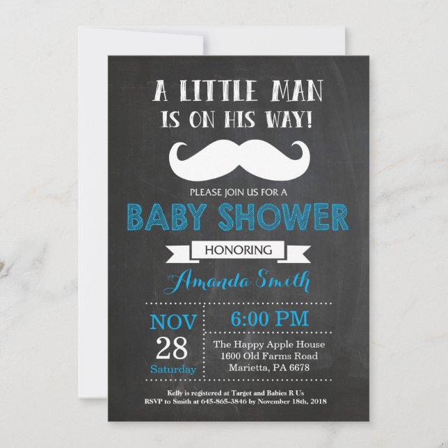 Moustache Baby Shower Invitation Blue and Grey (Front)