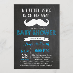 Moustache Baby Shower Invitation Blue and Grey