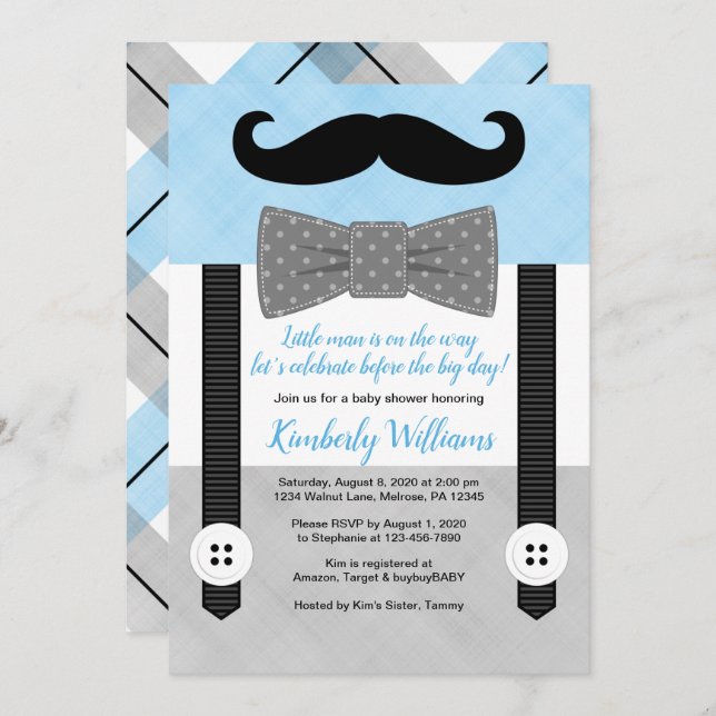 Moustache baby shower invitation blue little man (Front/Back)
