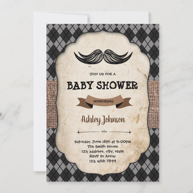 Moustache baby shower invitation card (Front)