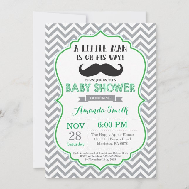 Moustache Baby Shower Invitation Green and Grey (Front)