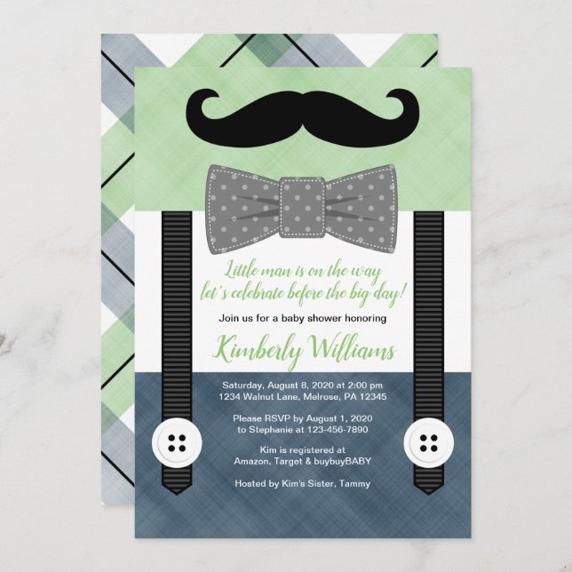 moustache baby shower invitation green navy bow ti (Front/Back)