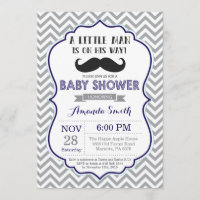 Moustache Baby Shower Invitation Navy Blue and Gre