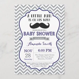 Moustache Baby Shower Invitation Navy Blue and Gre