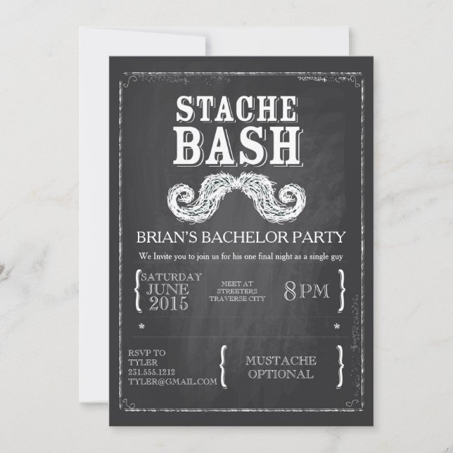 Moustache Bash Bachelor Party Chalkboard Hipster Invitation (Front)