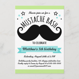 Moustache bash birthday party lime green aqua blue invitation