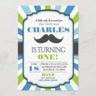Moustache Bash Blue Birthday Invite