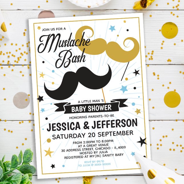 Moustache Bash Boy Baby Faux Glitter Shower Invitation (Creator Uploaded)