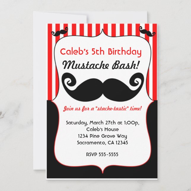 Moustache Bash Red White Black Striped Invitation (Front)