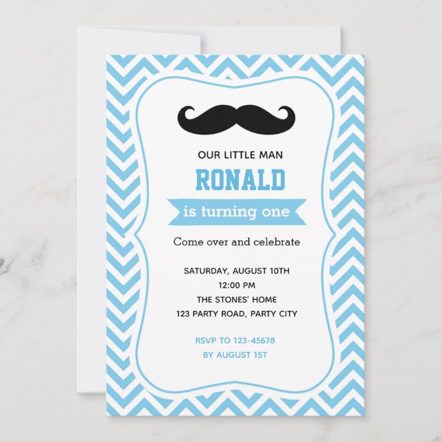 Moustache Birthday Invitations (Blue Chevron) (Front)