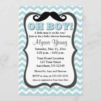 Moustache Blue Chevron Baby Shower Invite