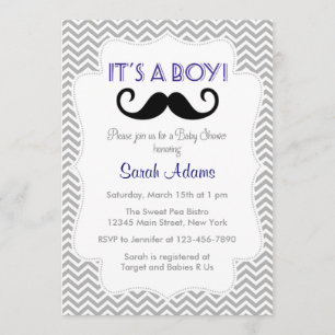 Moustache Boy Baby Shower Invitation Grey Chevron