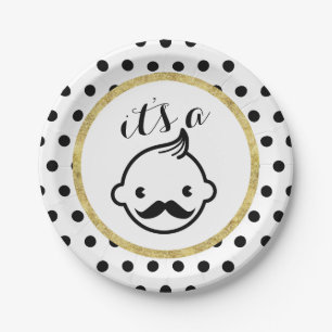 Moustache Boy Cute Polka Dots Baby Shower Paper Plate