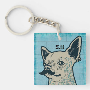 Moustache Chihuahua Graffiti Monogram Key Ring