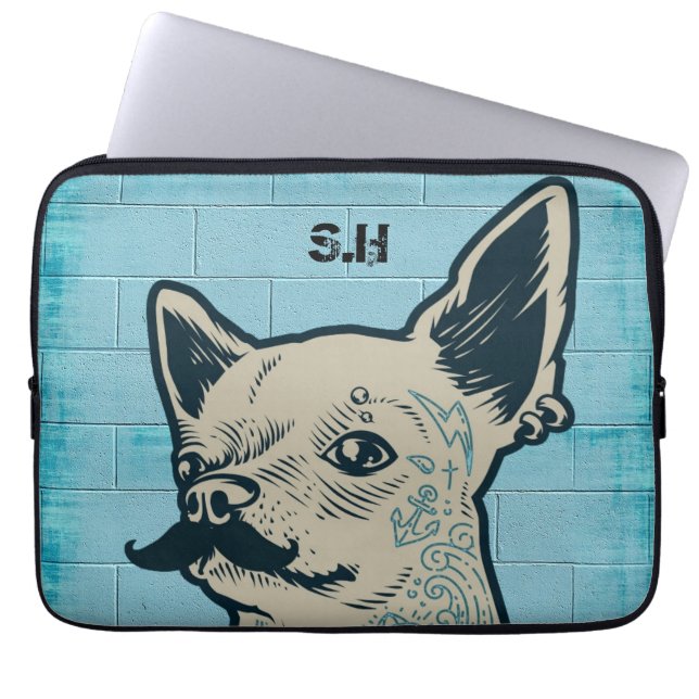 Moustache Chihuahua Graffiti Monogram Laptop Sleeve (Front)