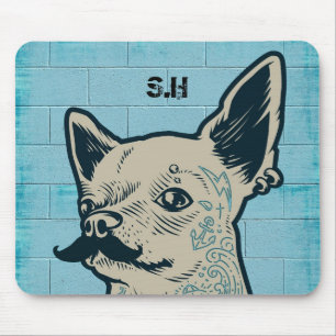Moustache Chihuahua Graffiti Wall Monogram Mouse Pad