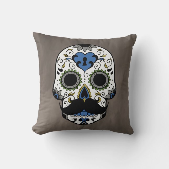 Moustache Day of the Dead Sugar Skull Cushion (Front)